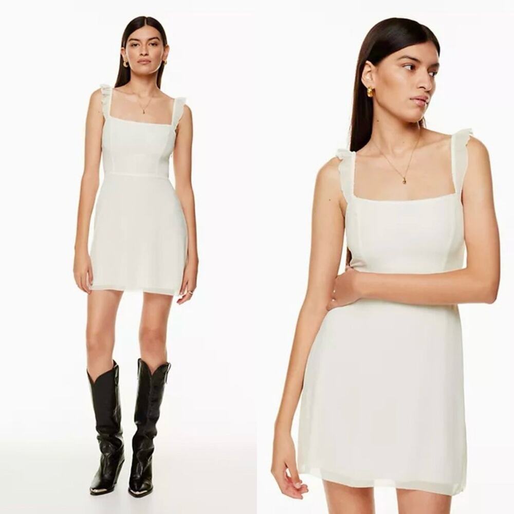 Aritzia Wilfred Fete Chiffon Ruffle Straps Mini Dress in White sz 2